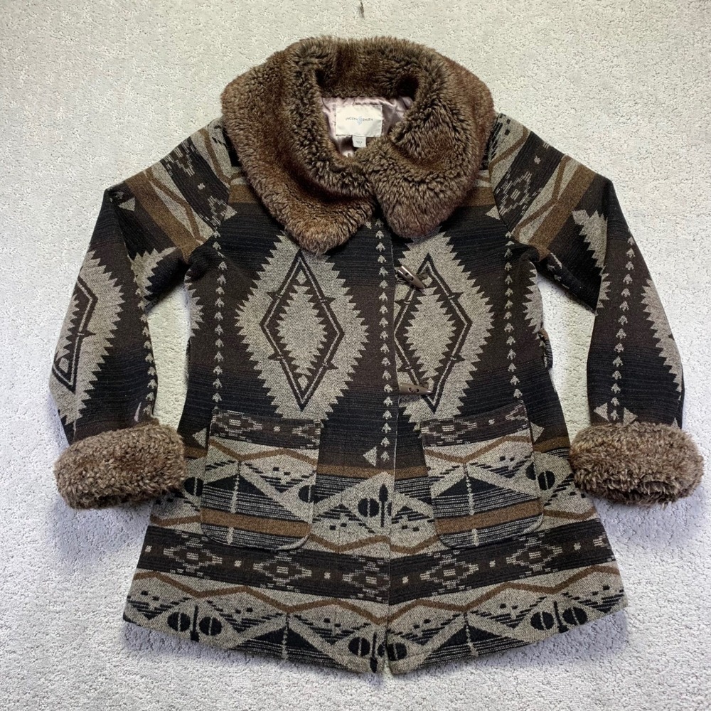 Jaclyn Smith Jacket Womens L Southwestern Geometric Faux Fur Trim Toggle‎ Coat